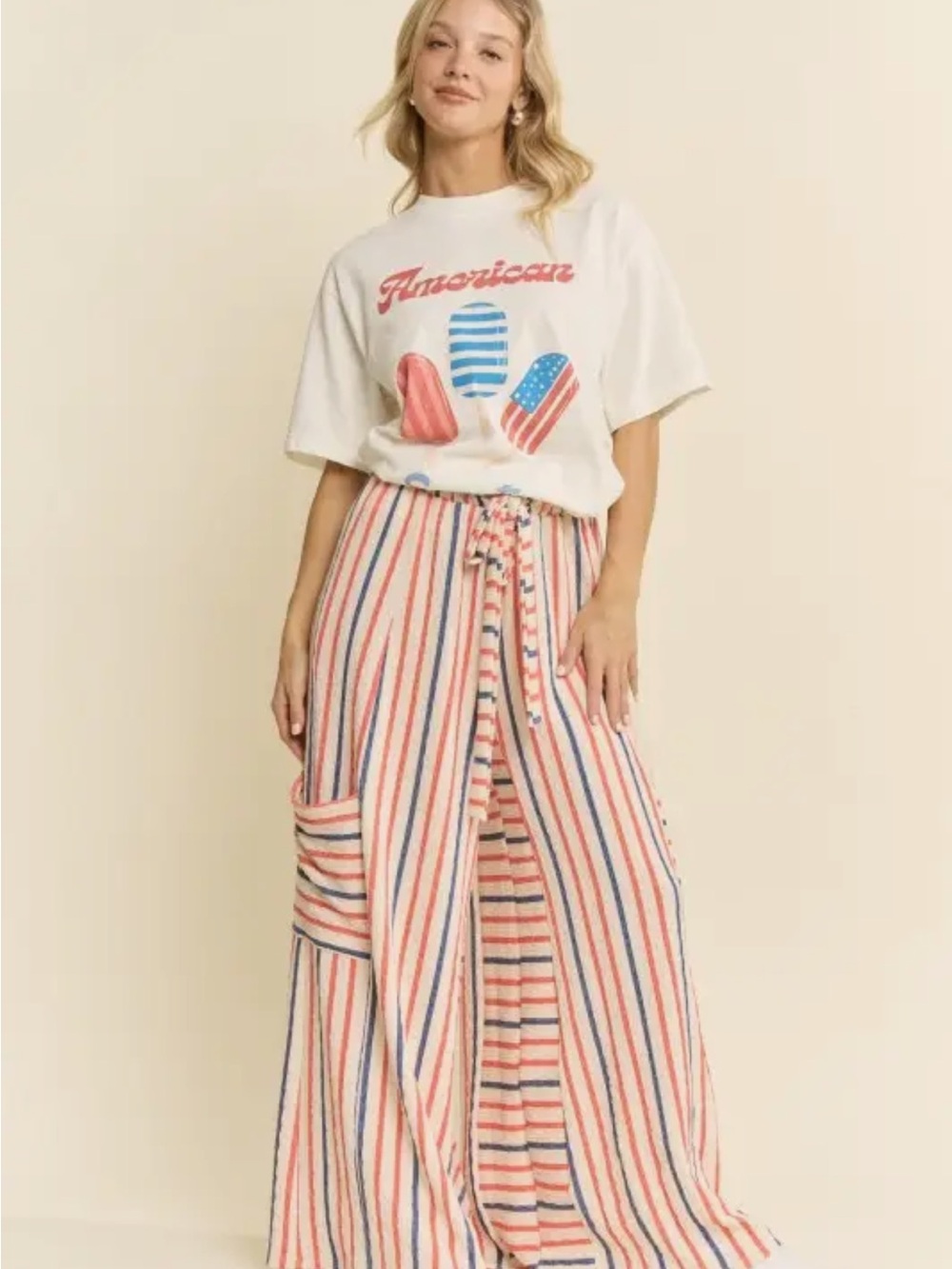 Striped Red & Blue Pants with Tie Waist